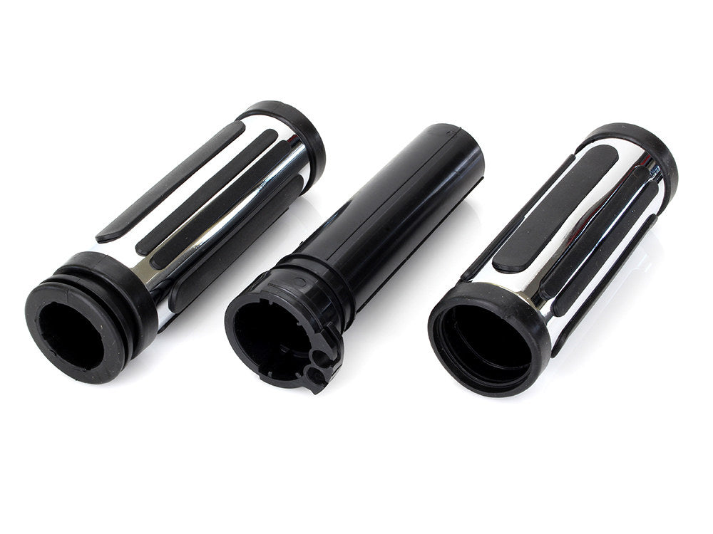 Chrome & Rubber Slotted Style Handgrips. Fits H-D 1996up with Throttle Cable.