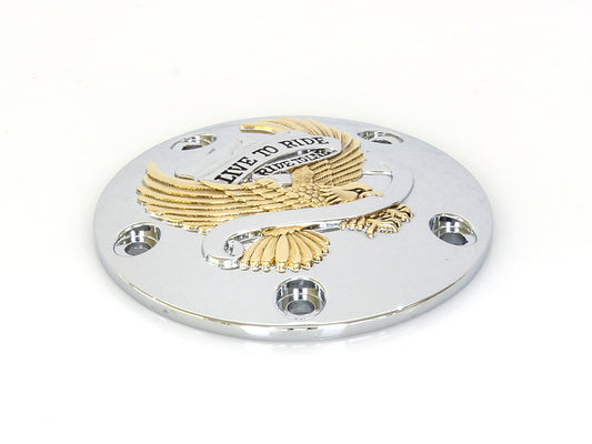 Live to Ride Points Cover - Chrome & Gold. Fits Twin Cam 1999-2017.