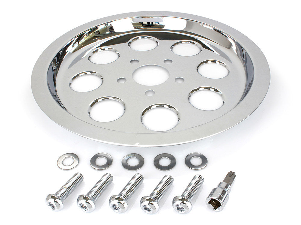 Rear Pulley Cover - Chrome. Fits Big Twin 1987-1999 with 70 Tooth Pulley.