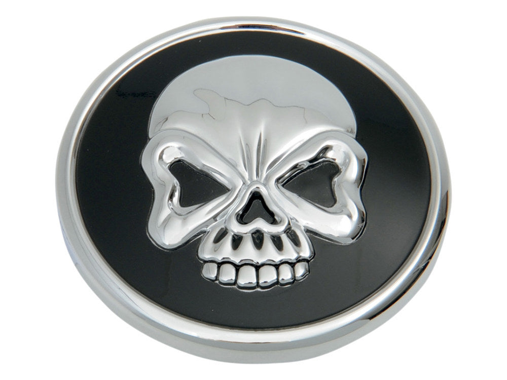 Right Hand Vented Skull Screw-In Fuel Cap - Chrome & Black. Fits H-D Big Twin 1996up & Sportster 1996-2021.
