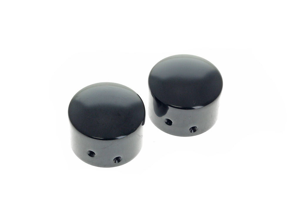 Front Axle Caps - Gloss Black. Fits Touring 2008up, Softail 2007-2017, Dyna 2008-2017, Sportster 2008-2021, V-Rod 2008-2011, Street 2015-2020