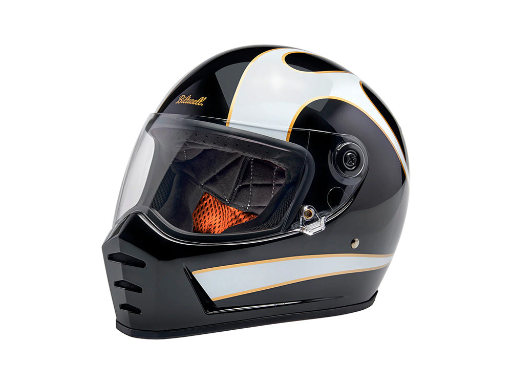 Lane Splitter Helmet - Gloss Black with Gloss White Flames with ECE R22.06 Compliance
