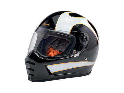 Lane Splitter Helmet - Gloss Black with Gloss White Flames with ECE R22.06 Compliance