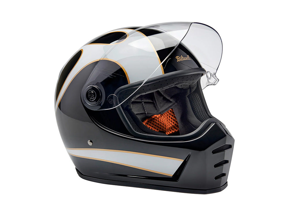 Lane Splitter Helmet - Gloss Black with Gloss White Flames with ECE R22.06 Compliance