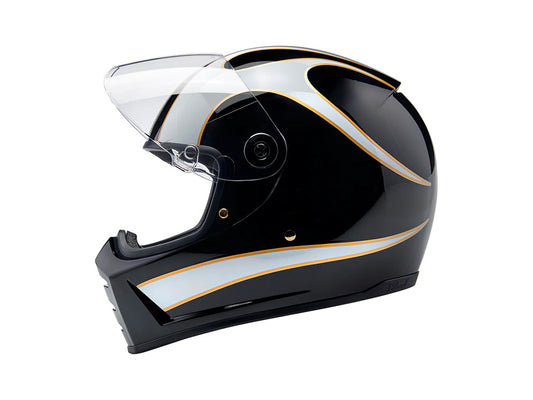 Lane Splitter Helmet - Gloss Black with Gloss White Flames with ECE R22.06 Compliance
