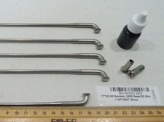 17in. Heavy Duty Spokes - Stainless Steel. Fits the Genuine H-D Smooth Profile Rim when used in conjunction with 1997up H-D style Rear Hub or H-D Style Wide Glide Front Hub.
