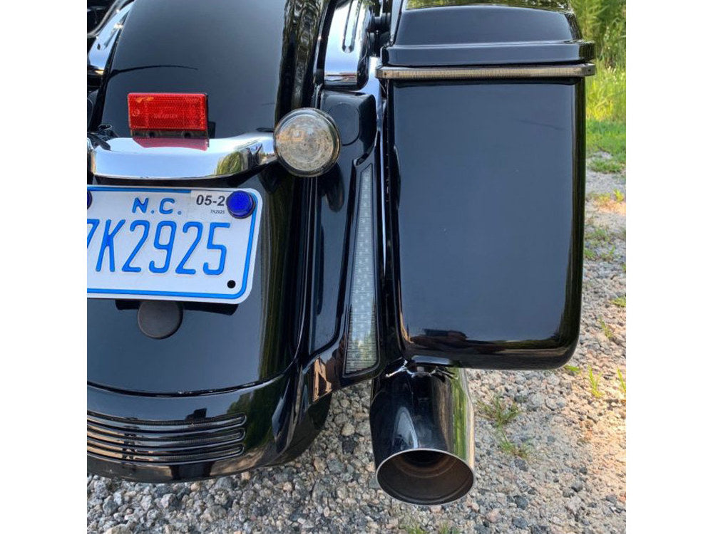 LED Fascia Panels. Red Run/Brake and Amber Turn with Smoke Lens & Black Housing. Fits Street Glide, Road Glide & Road King Special 2014up.