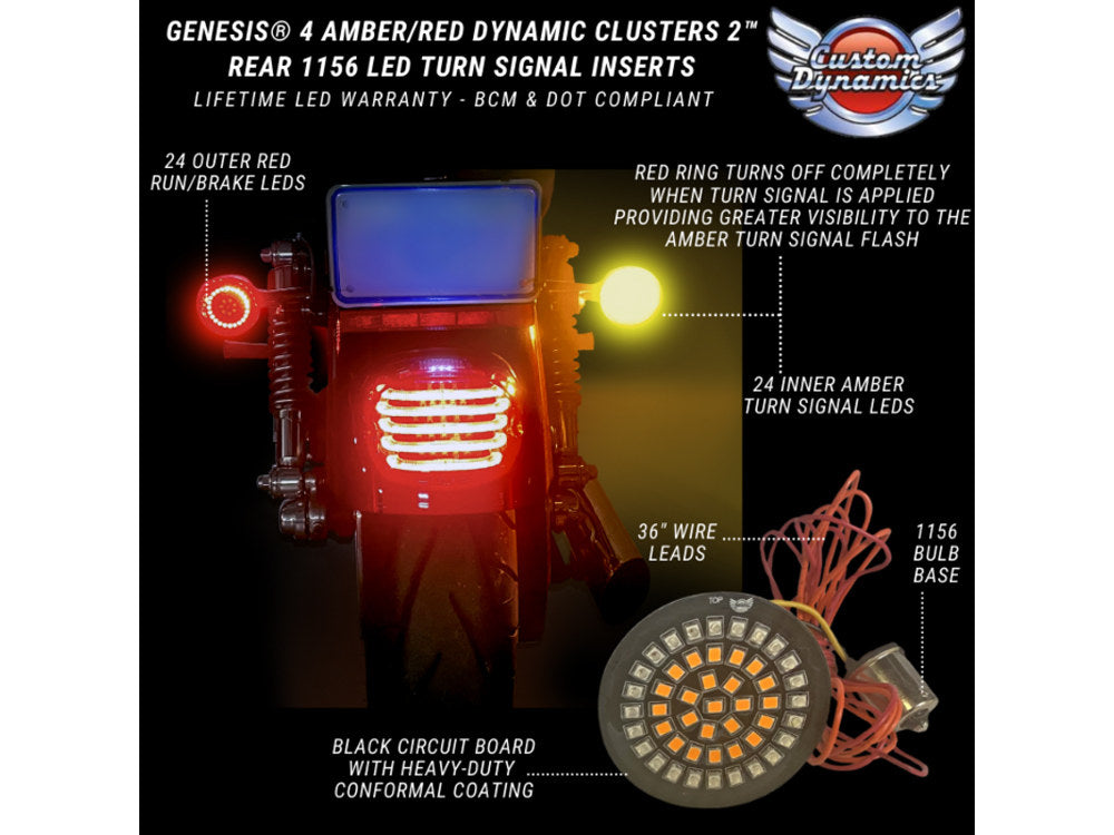 Genesis 4 LED Rear Turn Signal Inserts. Amber Turn with Red Run/Brake. Fits most 2002up Models.