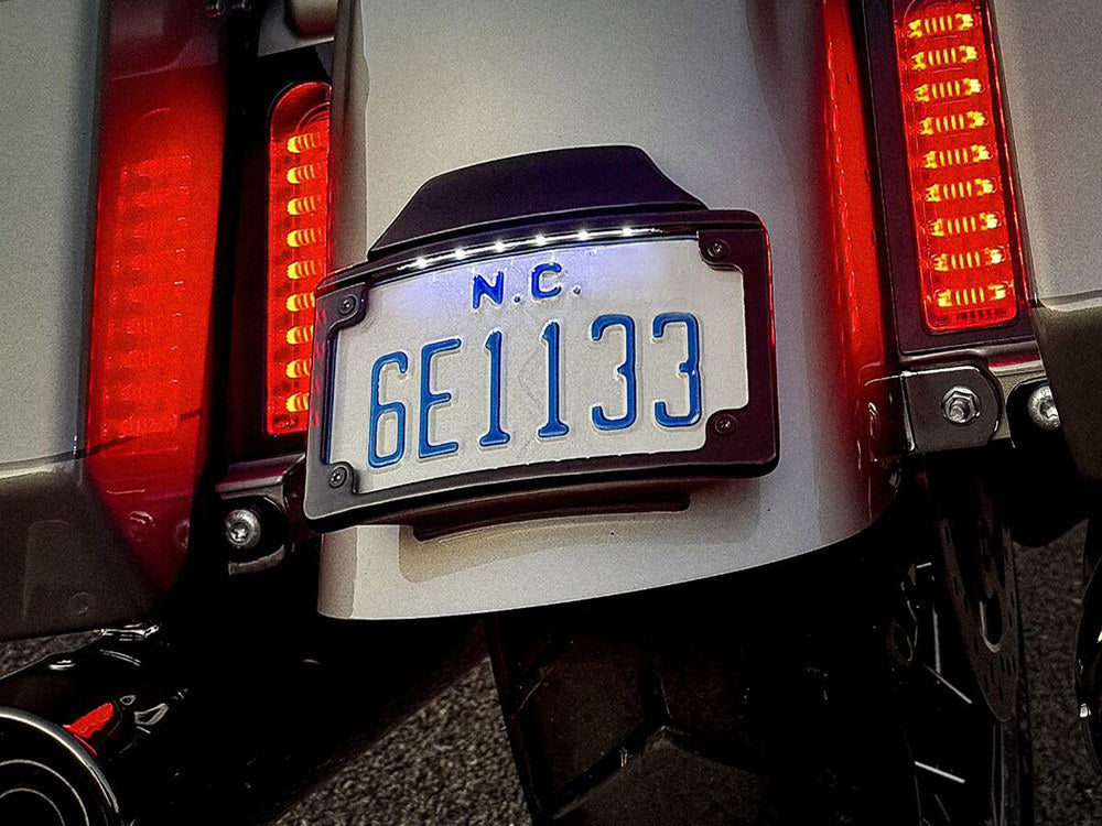 Curved Number Plate Frame with Number Plate Light Only - Black. Fits CVO Touring 2023up & Street Glide & Road Glide 2024up