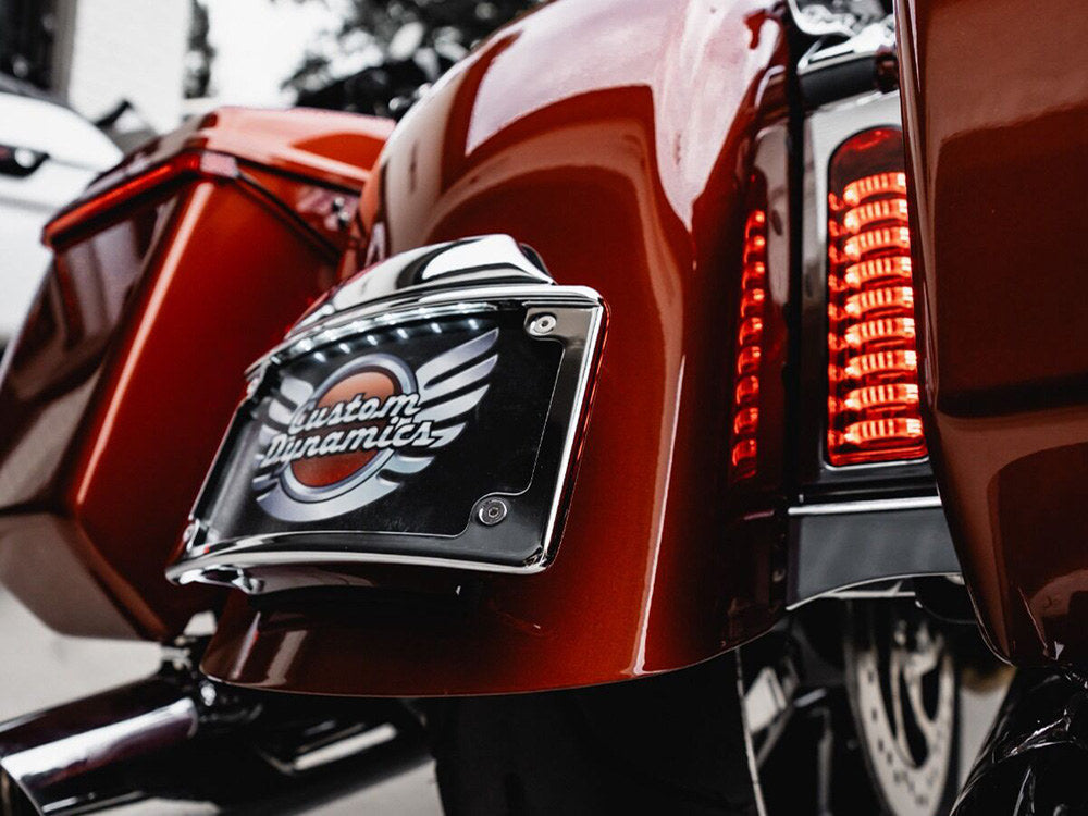 Curved Number Plate Frame with Number Plate Light Only - Chrome. Fits CVO Touring 2023up & Street Glide & Road Glide 2024up