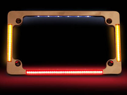 Flat Number Plate Frame with LED Amber Turn Signals & Red Brake Light - Chrome.