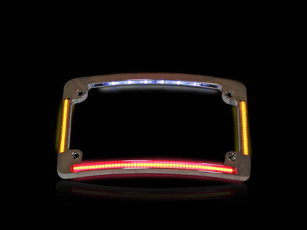 Curved Number Plate Frame with LED Amber Turn Signals & Red Brake Light - Chrome.