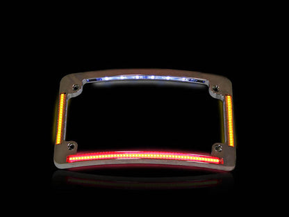 Curved Number Plate Frame with LED Amber Turn Signals & Red Brake Light - Chrome.