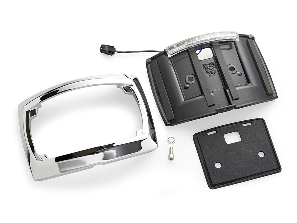 Curved Number Plate Frame with Number Plate Light Only - Chrome. Fits CVO Touring 2023up & Street Glide & Road Glide 2024up
