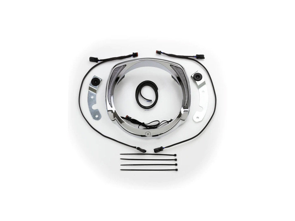 Fang LED Headlight Bezel with Amber Turn Signals & White Running Lights - Chrome. Fits Touring 2014-2023