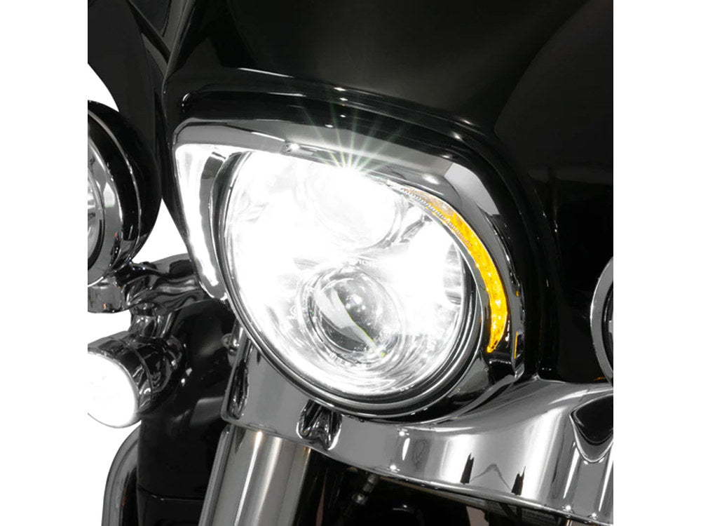 Fang LED Headlight Bezel with Amber Turn Signals & White Running Lights - Chrome. Fits Touring 2014-2023
