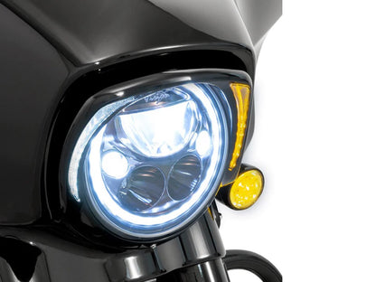 Fang LED Headlight Bezel with Amber Turn Signals & White Running Lights - Black. Fits Touring 2014-2023