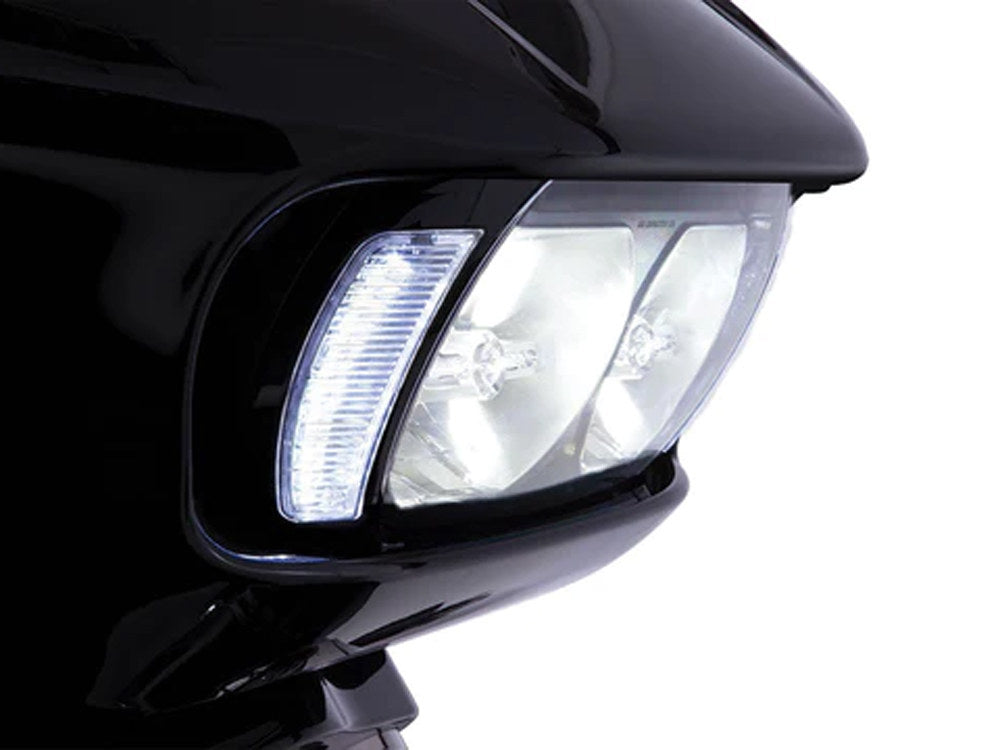 Fang LED Headlight Bezel Vent Inserts With Amber & White LED's - Black. Fits Road Glide 2015-2023