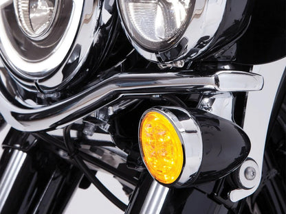 Fang LED Amber Turn Signal Inserts With Clear Lenses & Chrome Bezel. Fits Front and Rear on most Models With OEM Bullet Style Indicators 2002up.