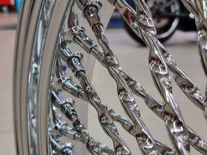 21in. x 3.5in. Cali Fat Spoke Front Wheel - Chrome. Fits Softail Heritage 2011up, Deluxe 2011-2020, Slim 2012-2021 & Fatboy 2011-2017
