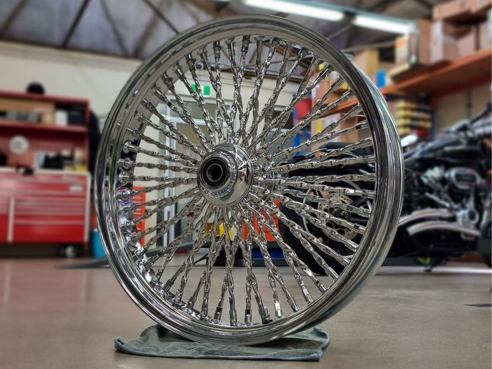21in. x 3.5in. Cali Fat Spoke Front Wheel - Chrome. Fits Softail Heritage 2011up, Deluxe 2011-2020, Slim 2012-2021 & Fatboy 2011-2017