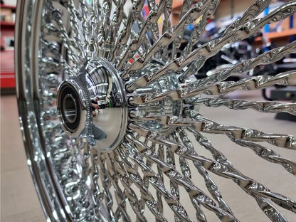 23in. x 3.5in. Cali Fat Spoke Front Wheel - Chrome. Fits Softail Heritage 2011up, Deluxe 2011-2020, Slim 2012-2021 & Fatboy 2011-2017