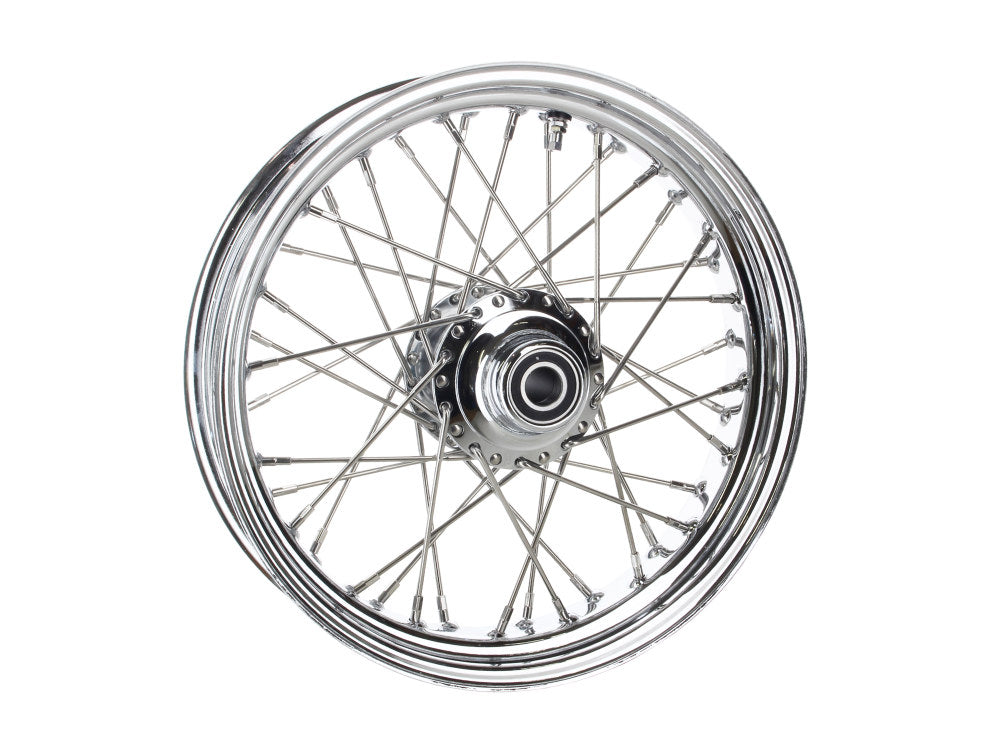 16in. x 3.5in. Front 40 Spoke Cross Laced Wheel - Chrome. Fits Softail Heritage 2011up, Deluxe 2011-2020, Slim 2012-2021 & Fatboy 2011-2017