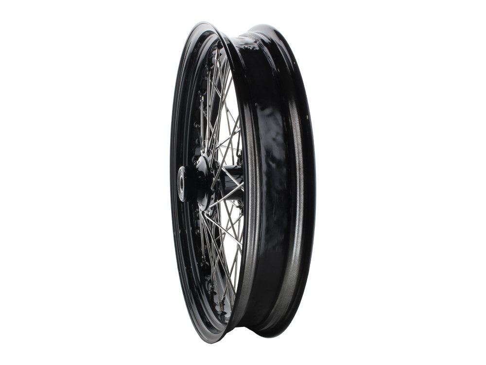 21in. x 3.5in. 40 Spoke Cross Laced Front Wheel - Gloss Black & Chrome. Fits Softail Heritage 2011up, Deluxe 2011-2020, Slim 2012-2021 & Fatboy 2011-2017