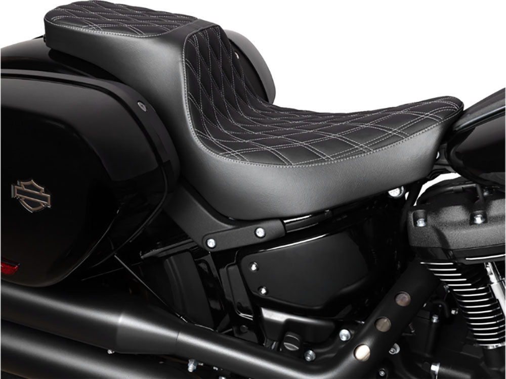 Performance Predator 2up Dual Seat with Silver Double Diamond Lattice Stitch. Fits Sport Glide & Low Rider 2018up, Low Rider S 2020up & Low Rider ST 2022up