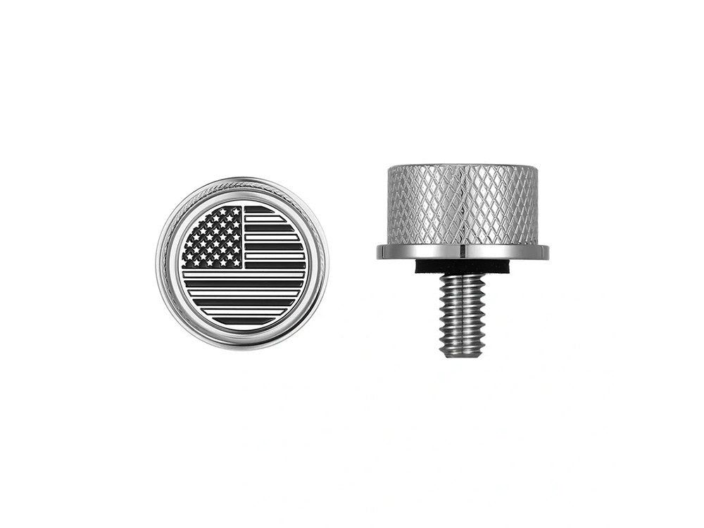 1/4in.-20 Knurled Seat Mount Screw - Stainless with American Flag. Fits H-D 1996up