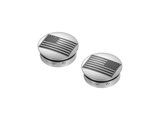 Swingarm Pivot Bolt Covers - Stainless with American Flag. Fits Touring 2011up