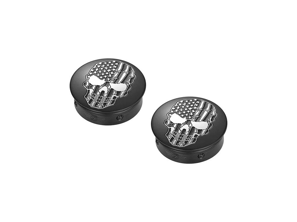 Swingarm Pivot Bolt Covers - Black with American Flag Skull. Fits Touring 2011up