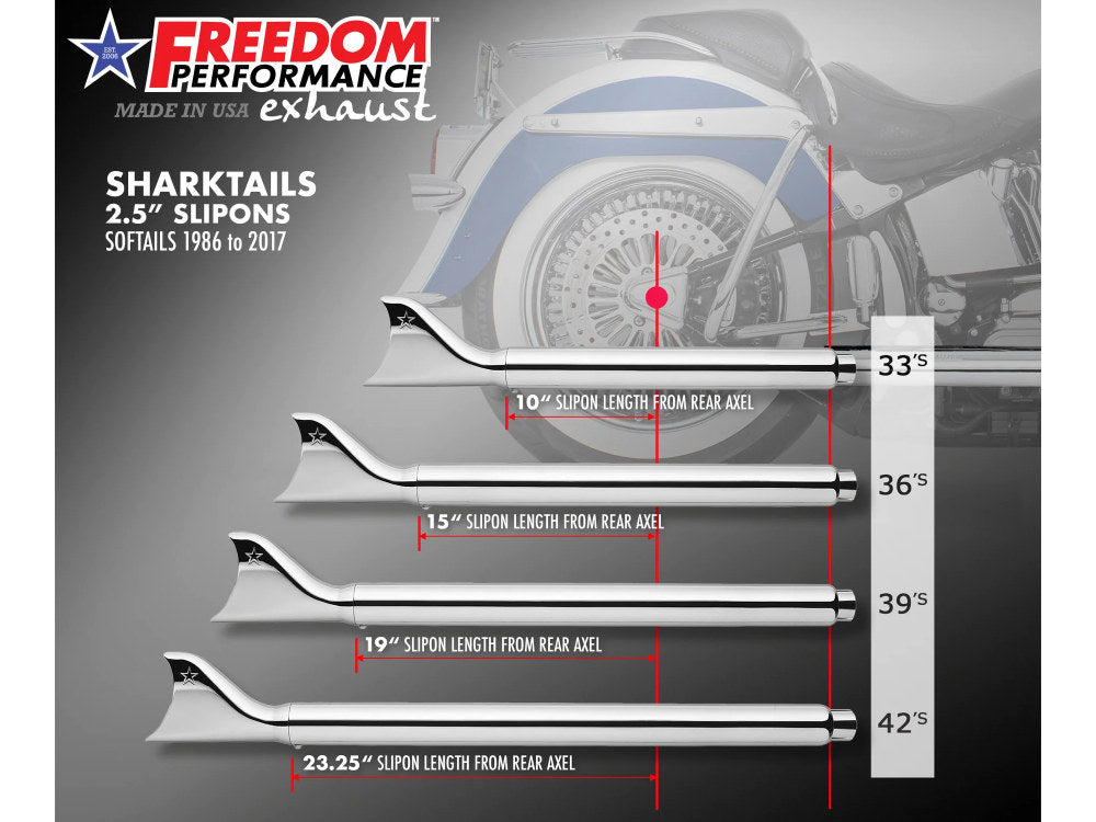 39in. True Dual SharkTail Exhaust - Chrome. Fits Softail 2007-2017.