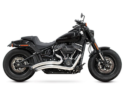 Sharp Curve Radius Exhaust - Chrome with Black End Caps. Fits Softail 2018up with Non-240 Rear Tyre