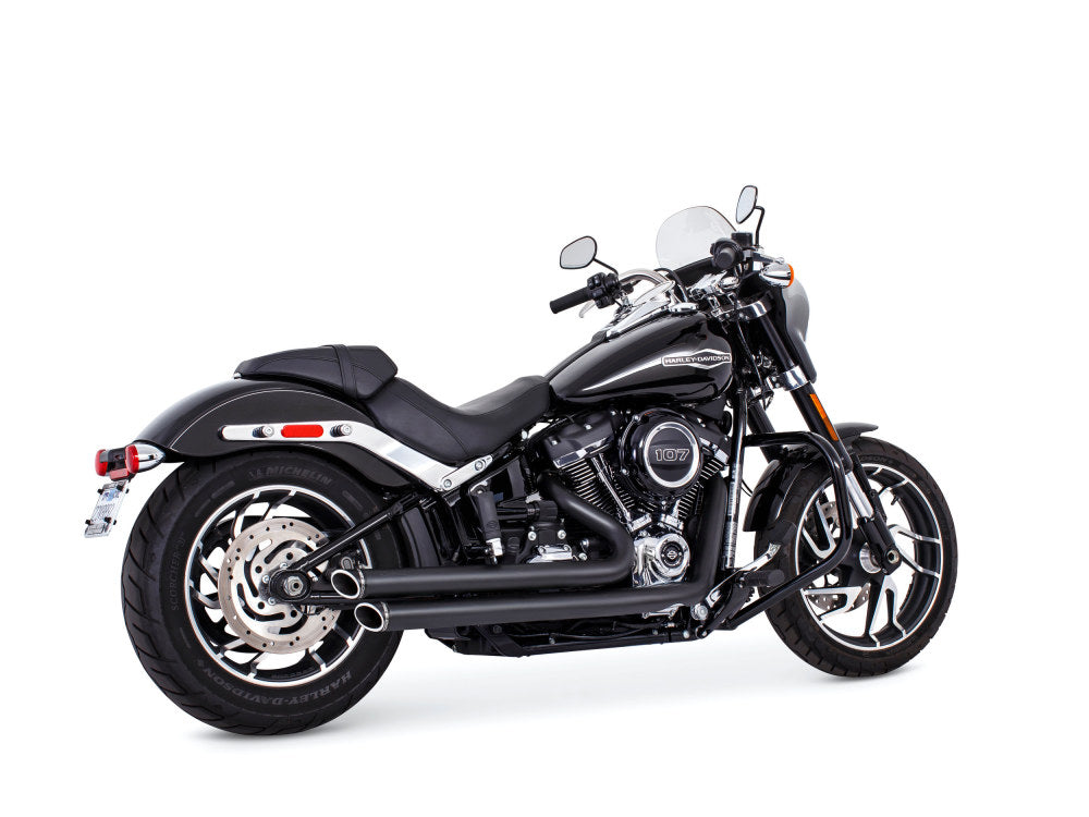 Independence Staggered Slash Exhaust - Black with Black End Caps. Fits Softail 2018up.