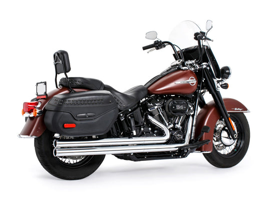Independence Long Exhaust - Chrome with Chrome End Caps. Fits Softail 2018up with Non-240 Rear Tyre