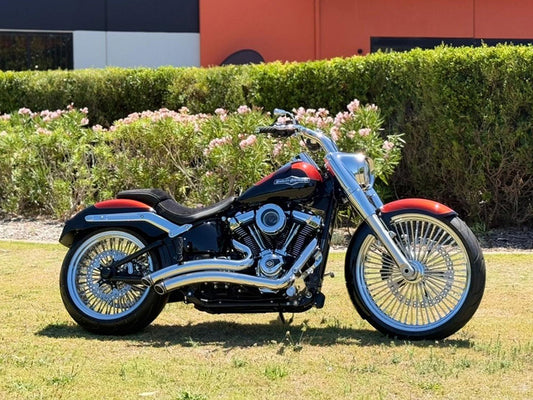 Sharp Curve Radius Exhaust - Chrome with Black End Caps. Fits Softail Breakout & Fat Boy 2018up