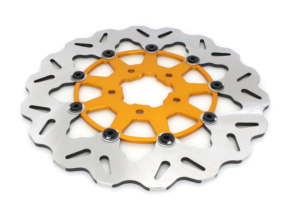 11.8in. Front Wave Floating Disc Rotor with Gold Carrier. Fits Dyna 2006-2017, Softail 2015up, Sportster 2014-2021 & Some Touring 2008-2023