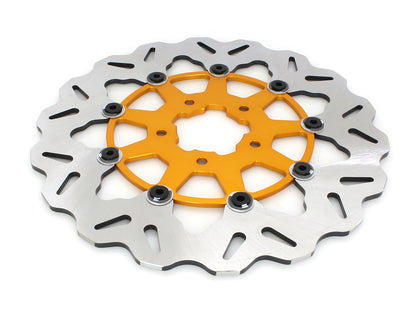11.8in. Front Wave Floating Disc Rotor with Gold Carrier. Fits Dyna 2006-2017, Softail 2015up, Sportster 2014-2021 & Some Touring 2008-2023