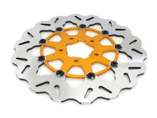 11.8in. Front Wave Floating Disc Rotor with Gold Carrier. Fits Dyna 2006-2017, Softail 2015up, Sportster 2014-2021 & Some Touring 2008-2023