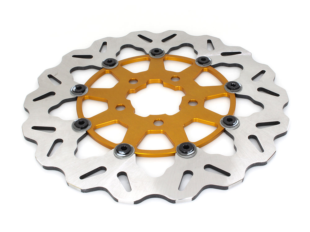 11.5in. Rear Floating Wave Disc Rotor with Gold Carrier. Fits Big Twin 2000up & Sportster 2000-2010.
