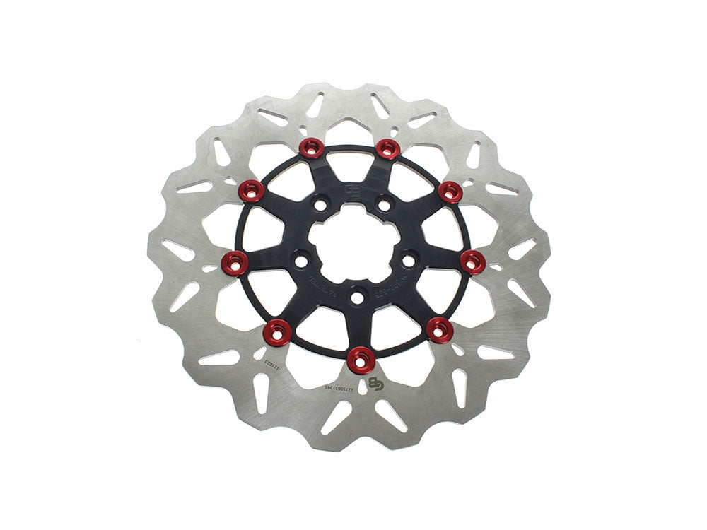 11.8in. Front Wave Floating Disc Rotor - Black with Red Buttons. Fits Dyna 2006-2017, Softail 2015up, Sportster 2014-2021 & Some Touring 2008-2023
