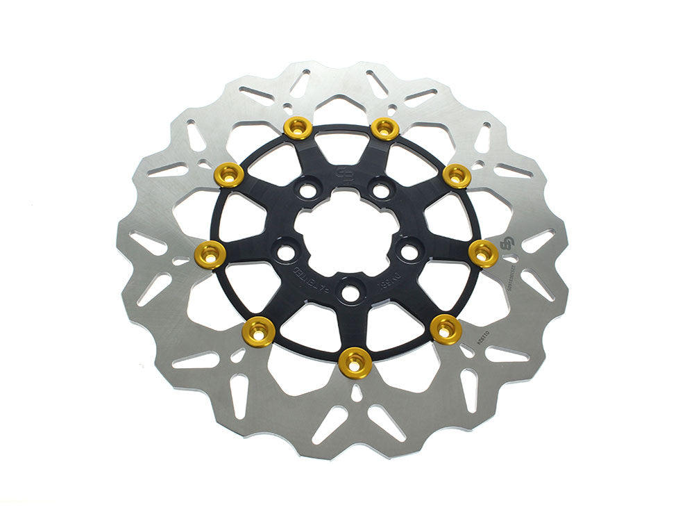 11.5in. Front Wave Floating Disc Rotor - Black with Gold Buttons. Fits Big Twin & Sportster 2000-2014.