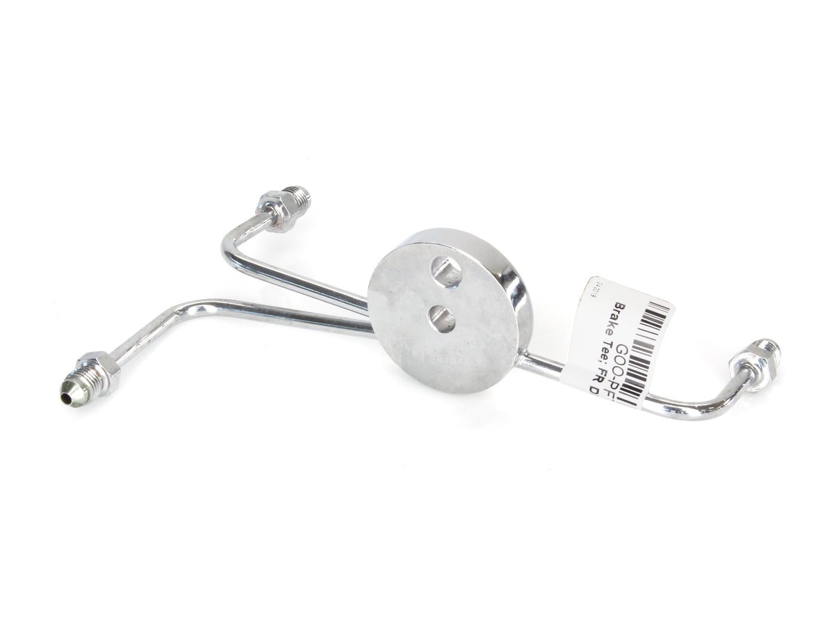 AN3 Front Dual Disc Brake Tee - Chrome. Fits Narrow Glide Front Ends with Dual Disc Rotors.