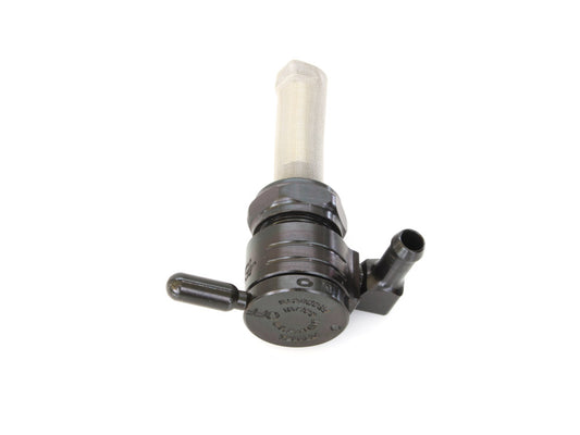 High-Flow Fuel Tap / Petcock with 22mm Thread & 5/16in. Backward Facing Fuel Outlet - Black. Fits Softail 1984-2006, Dyna 1991-2006, FXR 1982-1994, Touring 1988-2006, Sportster 1975-2006 & 4Spd Big Twin 1975-1986