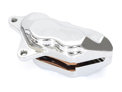 Left Hand Front 4 Piston Caliper - Chrome. Fits Softail 2000-2014, Dyna 2000-2017, Touring 2000-2007 & Sportster 2000-2007 Models with 11.5in. Disc Rotor.