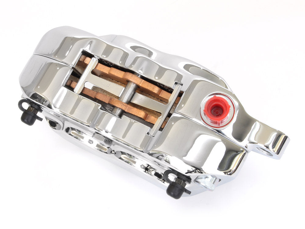 Left Hand Front 4 Piston Caliper - Chrome. Fits Softail 2000-2014, Dyna 2000-2017, Touring 2000-2007 & Sportster 2000-2007 Models with 11.5in. Disc Rotor.