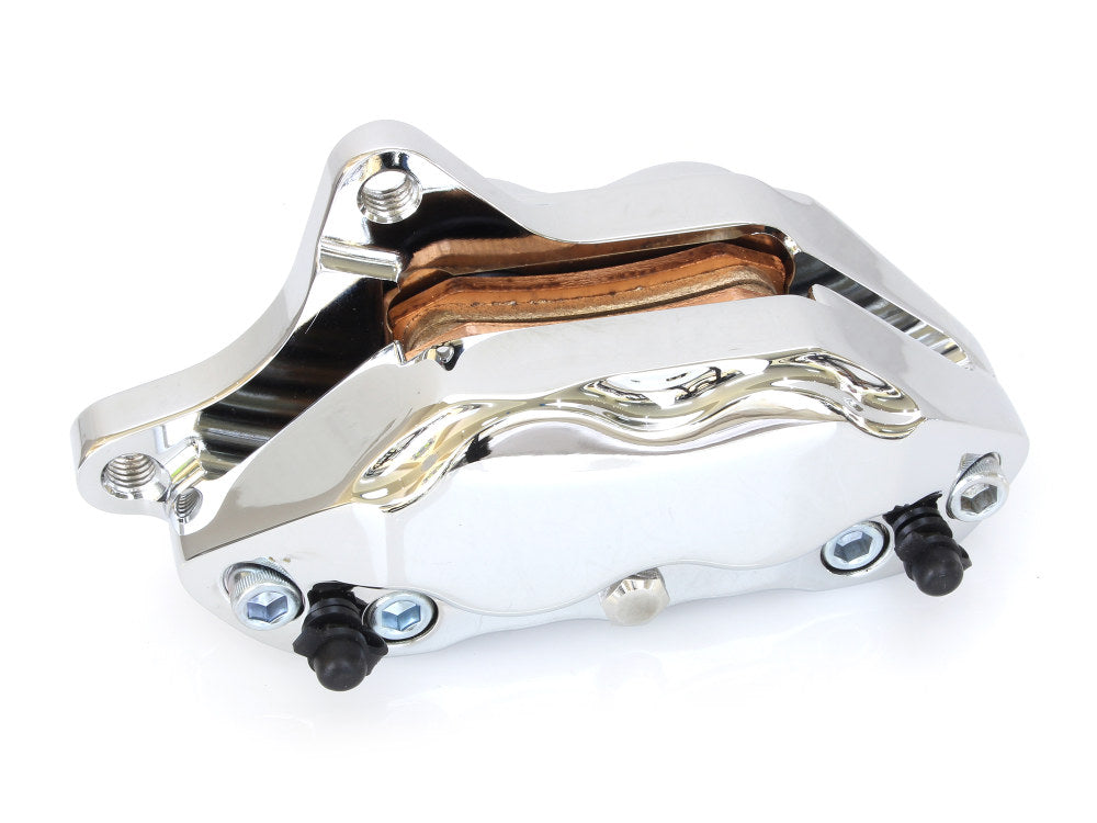 Left Hand Front 4 Piston Caliper - Chrome. Fits Softail 2000-2014, Dyna 2000-2017, Touring 2000-2007 & Sportster 2000-2007 Models with 11.5in. Disc Rotor.