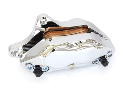 Left Hand Front 4 Piston Caliper - Chrome. Fits Softail 2000-2014, Dyna 2000-2017, Touring 2000-2007 & Sportster 2000-2007 Models with 11.5in. Disc Rotor.