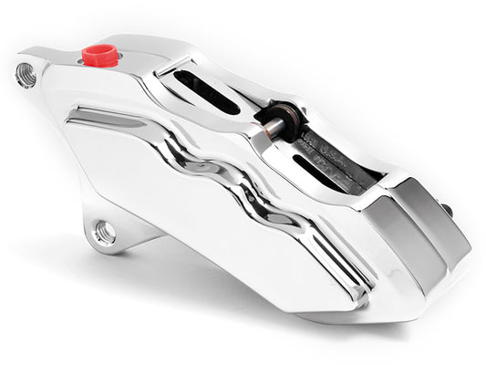 Left Hand Front 6 Piston Caliper - Chrome. Fits Softail 2000-2017, Dyna 2000-2005, Touring 2000-2007 & Sportster 2000-2007 Models with 13in. Disc Rotor.